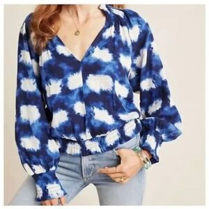Anthropologie Porridge Peasant Cotton Top Blouse Boho Tie Dye Blue Sz L